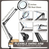 Veemagni 5 Inch Large Magnifying Glass With Light And Stand, 5 Color Modes Stepless Dimmable, Long Swivel Arm Led Clamp Desk Lamp, Hands Free 8X Lighted Magnifier For Close Work Craft Hobby Soldering