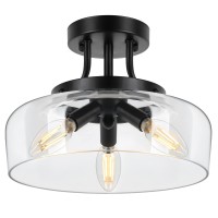 Modern Industrial Semi Flush Mount Ceiling Light With Clear Glass Shade, 3-Bulb Black Ceiling Light Fixture For Kitchen Bedroom Living Room Porch Hallway Entryway, E12 Socket, Bulbs Not Included