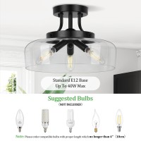 Modern Industrial Semi Flush Mount Ceiling Light With Clear Glass Shade, 3-Bulb Black Ceiling Light Fixture For Kitchen Bedroom Living Room Porch Hallway Entryway, E12 Socket, Bulbs Not Included