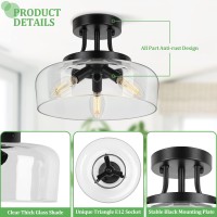 Modern Industrial Semi Flush Mount Ceiling Light With Clear Glass Shade, 3-Bulb Black Ceiling Light Fixture For Kitchen Bedroom Living Room Porch Hallway Entryway, E12 Socket, Bulbs Not Included