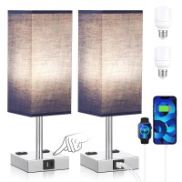 Aooshine Blue Set Of 2 Touch Lamp With Usb Port-Nightstand Lamp With Usb-C+A Charge Ports& Ac Outlets, 3-Way Dimmable Bedside Lamp With Shade,Small Table Lamp For Bedroom Living Room(Bulb Included)