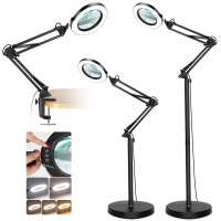 8X Magnifying Glass With Light And Stand, Krstlv Led 5 Color Modes, Stepless Dimmable Magnifying Floor Lamp, 3-In-1 Adjustable Swing Arm Lighted Magnifier Lamp With Clamp For Reading, Craft, Esthetic