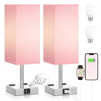 Aooshine Pink Set Of 2 Touch Lamp With Usb Port-Nightstand Lamp With Usb-C+A Charge Ports& Ac Outlets, 3-Way Dimmable Bedside Lamp With Shade,Small Table Lamp For Bedroom Living Room(Bulb Included)