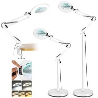 8X Magnifying Glass With Light And Stand, Krstlv Led 5 Color Modes, Stepless Dimmable Magnifying Floor Lamp, 3-In-1 Adjustable Swing Arm Lighted Magnifier Lamp With Clamp For Reading, Craft, Esthetic