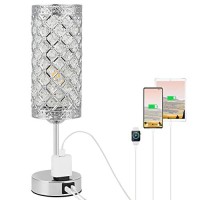 Touch Control Crystal Table Lamp,Bedside Lamp With Usb A+C Charging Ports &Multiple Outlet 3-Way Dimmable Silver Nightstand Lamp For Bedroom Living Room Home Decorative(Bulb Included)