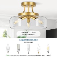 3Light Gold Semi Flush Mount Ceiling Light Fixture Modern Ceiling Light With Drum Glass Shade Golden Ceiling Lamp For Living