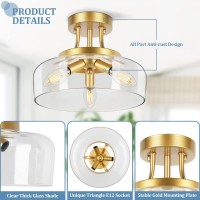 3Light Gold Semi Flush Mount Ceiling Light Fixture Modern Ceiling Light With Drum Glass Shade Golden Ceiling Lamp For Living