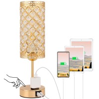 Crystal Gold Lamp,Touch Control Table Lamp With Usb Ports&Multiple Outlet,15.35'' Nightstand Lamp With Bulb,3-Way Dimmable Bedside Light For Living Room,Bedroom, College Dorm