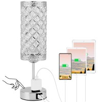 Silver Crystal Table Lamp,3 Way Dimmable Bedside Lamp With 2 Usb Ports & Multiple Outlet,Touch Control Nightstand Light For Bedroom, Living Room,Guest Room(Bulb Included)