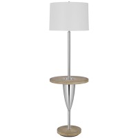 Charlie 61 Inch Modern Floor Lamp, Wood Table, 1 Usb, Glossy, White, Brown