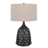 29 Inch Modern Table Lamp, Drum Shade, Diverted Wood Base, Dark Bronze Brown