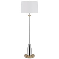 Charlie 61 Inch Modern Floor Lamp, Drum Shade, Glossy Chrome, White, Brown