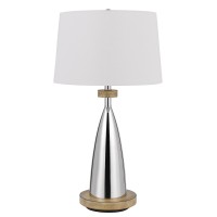 Charlie 31 Inch Modern Table Lamp, Drum Shade, Glossy Chrome, White, Brown