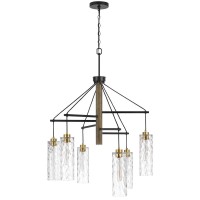 60W X 6 Williston Rubber Wood Chandelier With Hanging Textured Glass Shades