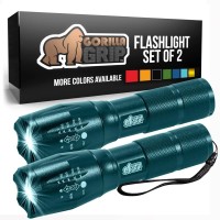 Gorilla Grip 2 Pack Led Tactical Handheld Flashlight, High Lumens, Ultra Bright 5 Mode, Long Lasting Water Resistant, 750 Ft Zoom Flashlights, Camping Accessory, Camp Gear, Emergencies, Teal Blue