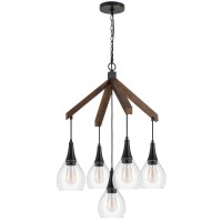 60W X 5 Watkins Rubber Wood Chandelier With Hanging Glass Shades