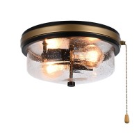 Spacethree Industrial Farmhouse Close To Ceiling Light Fixture With Pull Chain Matte Black 2-Light Flush Mount Ceiling Light Fixtures With Seeded Glass 11Inch