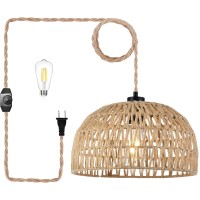 Plug In Pendant Light Hanging Lights With Plug In Cord Dimmable Rattan Hanging Lamp Wicker Woven Basket Lampshadefarmhouse Indu