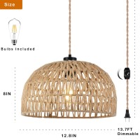 Plug In Pendant Light Hanging Lights With Plug In Cord Dimmable Rattan Hanging Lamp Wicker Woven Basket Lampshadefarmhouse Indu