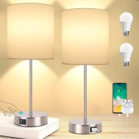 Dott Arts Set Of 2 Touch Control Table Lamps With 2 Usb Ports & Ac Outlet Modern Beside Nightstand Lamp With Fabric Shade Dimmable Table Lamp For Bedroom Living Room Office, Bulbs Included