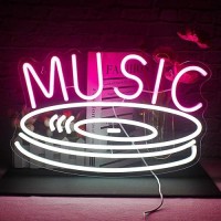 Faxfsign Music Record Neon Sign Pink White Led Neon Light Signs For Wall Decor Usb Light Up Signs For Bedroom Studio Music Live