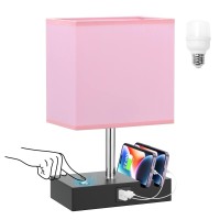 Aooshine Pink Touch Lamp With Usb C+A Charging Ports-Table Lamp For Bedroom With 3 Levels Brightness, 3 Way Dimmable Bedside Nightstand Lamp With 2 Phone Slots (Include Bulb)