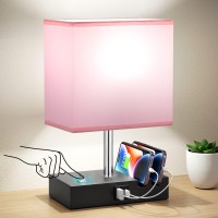 Aooshine Pink Touch Lamp With Usb C+A Charging Ports-Table Lamp For Bedroom With 3 Levels Brightness, 3 Way Dimmable Bedside Nightstand Lamp With 2 Phone Slots (Include Bulb)