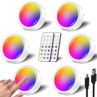 Usb Rechargeable Rgb Puck Lights With Remote, Color Changing 1600Mah Battery Powered Tap Light Classroom Magnetic Push Lights Stick On Closet Lights Wireless Led Shelf Light Under Cabinet Touch Lights