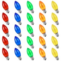 Specification Multi Colored C9 Light Bulbs for Outdoor String Light LED 1W Replacement 5W Edison Bulb 120V E17 Intermediate base Shatterproof Plastic Multicolor RED BLUE GREEN YELLOW ORANGE Bulb Application C9 Outdoor String Light Outdoor Porch Light in C