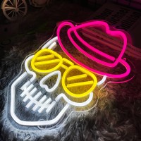 Skeleton Skull Neon Sign Led Neon Lights For Bedroom Wall Decor Halloween Skull Neon Sign Decor Adjustable Brightness Usb Pow