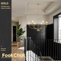 Fookchak 6 Light Gold Chandelier Brushed Gold Light Fixture Dining Table Candle Brass Chandelier Lighting For Bedroom Hallway E