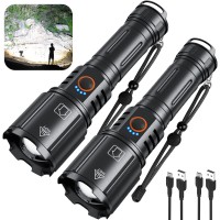 Rechargeable Flashlights High Lumen 2 Pack, 150000 Lumens Super Bright 5000Mah High Capacity Led Flashlight With 5 Modes, Powerful Handheld Flash Light For Camping Emergencies,Waterproof,Zoomable