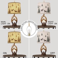 Scenekoy Rustic Farmhouse Antlers Table Lamp Set Of 2 With Nightlight Dual Usb Ports Linen Fabric Round Shade Bedside Lamp Decor