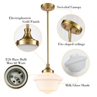 Samteen Modern Gold Pendant Light Schoolhouse Light Fixture 10-Inch Milk Glass Pendant Lighting For Kitchen Island Adjustable Height Brass Hanging Light Kit For Dining Room Hallway