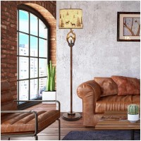 Scenekoy Rustic Farmhouse Antlers Floor Lamp With Nightlight Brown Finish Round Shade Lamps For Living Room Bedroom Office Study House