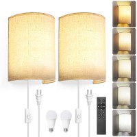 Plug In Wall Sconces,Stepless Colors 2700K-6500K & Stepless Dimming,Wall Sconces Set Of Two With Remote & Switch Control,Plug In Wall Light With Timer,Wall Lamp With Plug In Cord,Bulbs Included,Linen