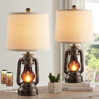 Farmhouse Lantern Table Lamps For Living Room Set Of 2, Vintage Bedroom Resin Desk Lamp With Dual Usb Charging Ports, Rustic Retro Bedside Nightstand, Linen Fabric Shade, 4 Bulb Included (Bronze)