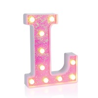 Foaky Led Letter Lights Sign Light Up Pink Letters Glitter Alphabet Letter Sign For Night Light Wedding/Birthday Party Battery Powered Christmas Lamp Girls Gifts Home Bar Decoration(L)