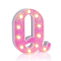 Foaky Led Letter Lights Sign Light Up Pink Letters Glitter Alphabet Letter Sign For Night Light Wedding/Birthday Party Battery Powered Christmas Lamp Girls Gifts Home Bar Decoration(Q)