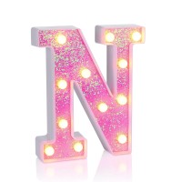 Foaky Led Letter Lights Sign Light Up Pink Letters Glitter Alphabet Letter Sign For Night Light Wedding/Birthday Party Battery Powered Christmas Lamp Girls Gifts Home Bar Decoration(N)