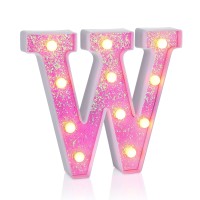 Foaky Led Letter Lights Sign Light Up Pink Letters Glitter Alphabet Letter Sign For Night Light Wedding/Birthday Party Battery Powered Christmas Lamp Girls Gifts Home Bar Decoration(W)