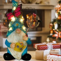 Foreby Garden Gnome Statues Outdoor Decor Solar Gnomes With Butterfly On Led Lighted Flowers Resin Blue Gnomes Sculpture For Pa