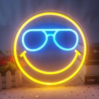 Smiley Face Neon Sign Dimmable Smiley Face Led Sign Smile Neon Sign For Wall Decor Smiley Face Decor For Bedroom Kids Room Smiley Neon Sign For Room Decor Holiday Party Gift Yellow Ice Blue