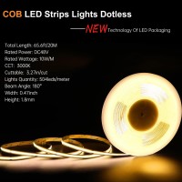 Cob Led Strip Lights, 65.6Ft/20M 3000K Led Lights Strip, 504Leds/M Dc48V Led Rope Lights, Cri90+ Flexible And 3M Tape Light For Commercial Shopping Mall, Hotel, Restaurant (Not Included Power Supply)