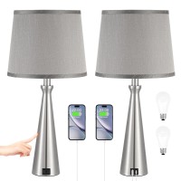 Nightstand Bedroom Lamp With Usb C Usb-A Charging Port Grey, Dimmable Bedside Touch Lamp For Master Bedroom, Large End Side Table Lamp For Guest/Dinning/Room/Living Room Set Of 2