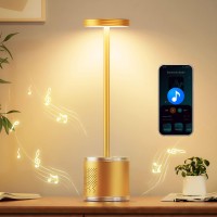 Upgraded Cordless Table Lamp, Rechargeable Desk Light With Speaker, 3 Color Modes Dimmable Modern Table Lamp 5000Mah Battery Operated Lamp For Bedroom/Office/Restaurant/Outdoor (Gold)