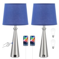 Table Lamps For Living Room Set Of 2 - Nightstand Bedroom Lamp With Usb C Usb-A Charging Port Blue, Dimmable Bedside Touch Lamp For Master Bedroom, Large End Side Table Lamp For Guest/Dinning/Room