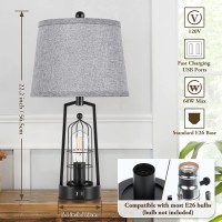 Farmhouse Table Lamps With 2 Usb Ports Set Of 2 Rustic Industrial Desk Lamp For Living Room 2Light Black Bedside Lamp Bedroo