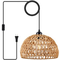 Plug In Pendant Light Rattan Hanging Lamp With 15 Ft Hemp Rope Cord Hanging Lights With Plug In Cord Woven Boho Wicker Basket