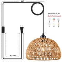 Plug In Pendant Light Rattan Hanging Lamp With 15 Ft Hemp Rope Cord Hanging Lights With Plug In Cord Woven Boho Wicker Basket